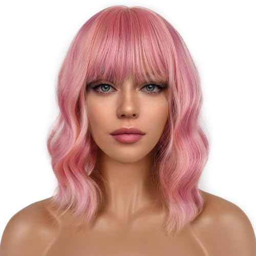 Short Bob Wigs with Bangs for Women Loose Wavy Wig Curly Wavy Shoulder Length Bob Synthetic Cosplay Wig for Girl Colorful Costume Wigs (Lovely Pink)