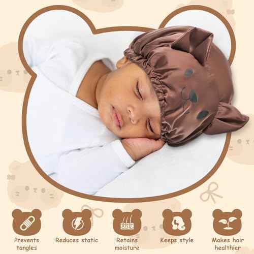 Lolalet Kids Bonnets for Girls, Adjustable Silk Baby Bonnet for Curly Hair Toddler Satin Cartoon Bonnet Cap with Elastic Band -Bear