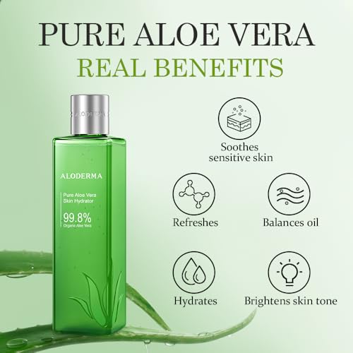 Aloderma 99.8% Organic Aloe Vera Face Hydrator Made within 12 Hours of Harvest - Moisturizing & Hydrating Facial Toner for Oily Skin, Soothing Aloe Toner for Balanced, Smooth, Flawless Skin, 240ml