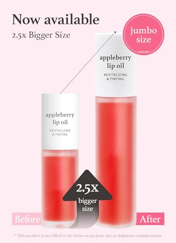 NOONI Korean Lip Oil - Appleberry Jumbo | Lip Stain, Gift, Long-Lasting, Moisturizing, Plumping, Revitalizing, and Tinting for Dry Lips with Raspberry Fruit Extract, 0.30 Fl Oz