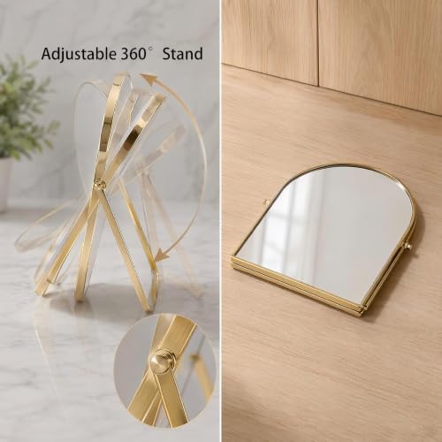 Gold Arched Makeup Mirror with 360° Stand, 12x9 Inch