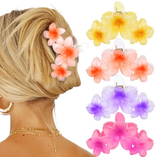 WHAVEL Hawaiian Flower Hair Accessories for Women: 4PCS Strong Hold Hibiscus Plumeria Claw Clips for Thick Hair, Summer Beach Style