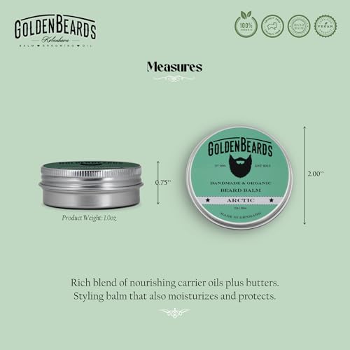Golden Beards Organic Beard Balm Arctic ? Shea, Cocoa & Beeswax Blend with Peppermint, Tea Tree & Orange Scent ? 30ml Vegan Handmade Styling Balm for Beard Hydration & Freshness, Handmade in Denmark.