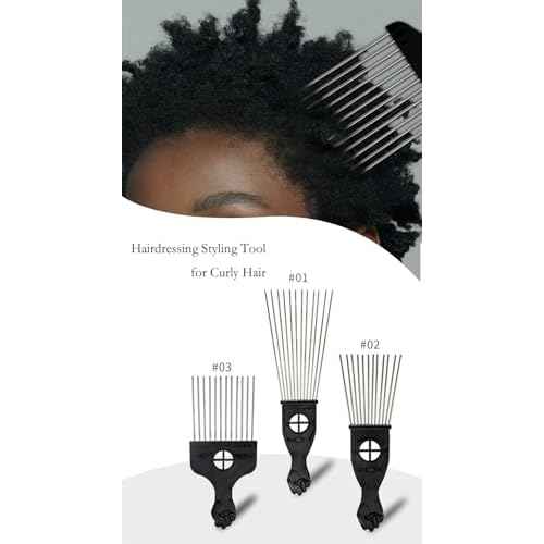 Black Metal Afro Pick Combs for Curly Hair - Detangle & Style Comb for Women and Men, Durable Plastic & Metal, Fist Design for Hair Styling, Perfect for Wigs (3 Pack Hair Comb, Count, 3)