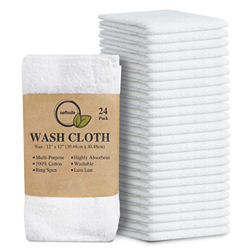 100% Cotton Washcloths 24 Pack - 12x12 Soft & Absorbent