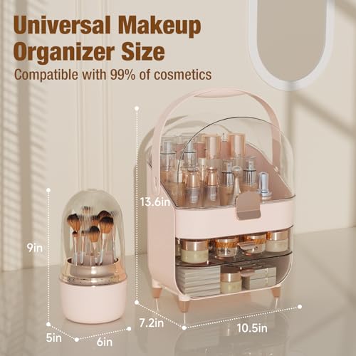 Makeup Organizer Countertop & 360¡Æ Rotating Makeup Brush Holder, Skincare Holder with Lid and Drawers, Storage Box Cosmetic Display Cases, Teen Girl Gifts, Vanity, Bathroom Counter, Pink