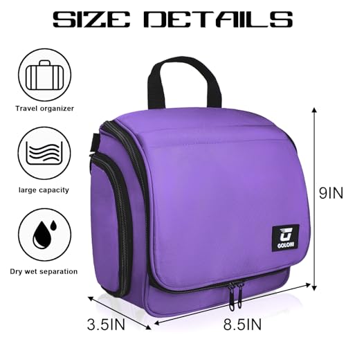 Goloni Hanging Toiletry Bag with Hook, Large Makeup Bag Travel Organizer, Water-Resistant Hanging Cosmetic Bag with 10 Compartments for Women & Men,Purple