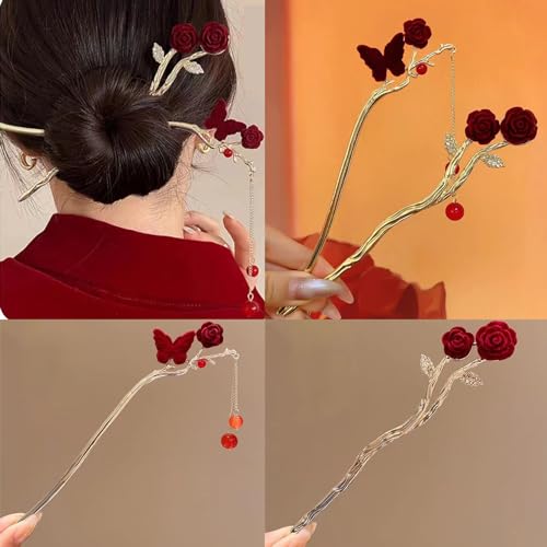 2 Pieces Metal Hairpin Rose Flower Hair Chopsticks Butterfly Hair Stick Handmade Classic Hair Pins for Women Girls-040