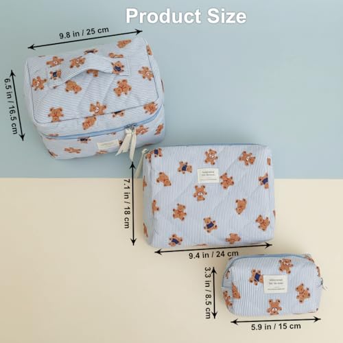Women Adorable Quilted Fabric Cosmetic Bag Set, 3-Piece Cartoon Bear Makeup Organizer with Zipper, Easy Travel Home Storage (White)