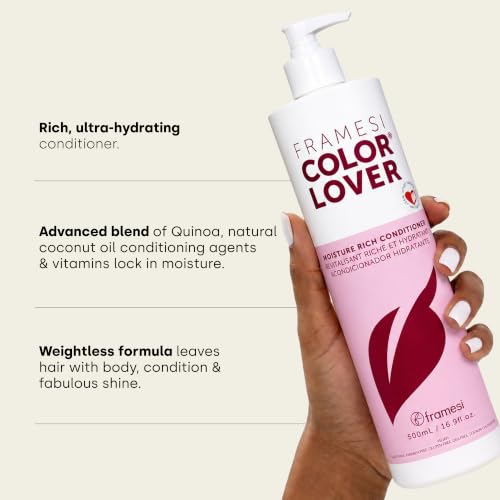 Framesi Color Lover Moisture Rich Conditioner - Hydrating Sulfate-Free Hair Care for Color-Treated Dry Hair with Quinoa & Coconut Oil, 16.9 Fl Oz