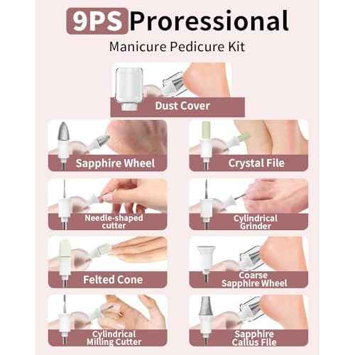 Professional Manicure Pedicure Kit, Cordless Electric Nail File Set, Rechargeable Pedicure Tools for feet, 5 Speeds Hand Foot Care Nail Drill for Thick Nail Toenail Cuticle Women Men Baby Pets-Rose