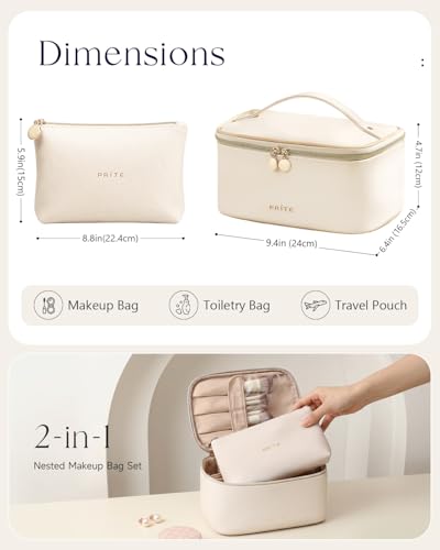 Prite 2-Pack Beige Travel Makeup & Toiletry Organizer Bag Set