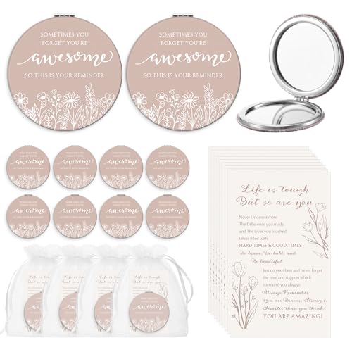 Wildflower Inspirational Gifts for Women Bulk Motivational Compact Mirror Makeup Purse Double Sided Folding Mirror Inspirational Gift Cards with Bag for Women (12 Set,Classic)