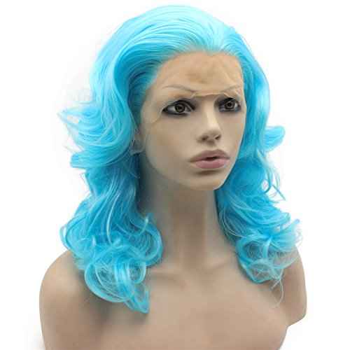 MX angel Medium Long Shoulder Length Wavy Light Blue Lace Front Costume Party Wig