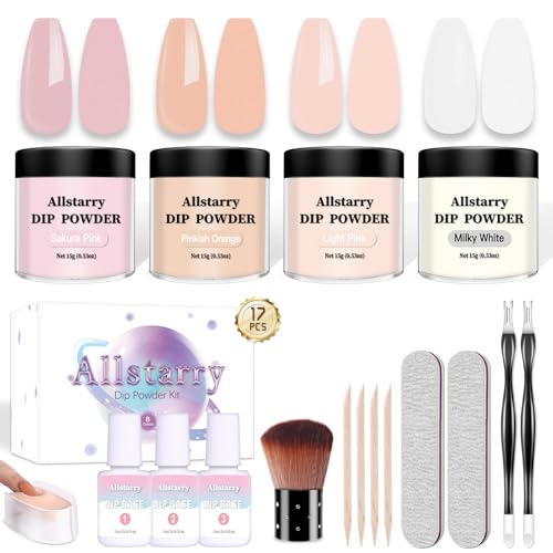 Allstarry 17pcs Dip Powder Nail Kit, 4 Colors Nude Brown Glitter Acrylic Dipping Powder Liquid Set with Base Top Coat Activator Brush Saver Recycling Tray for French Nail Art Manicure DIY Salon