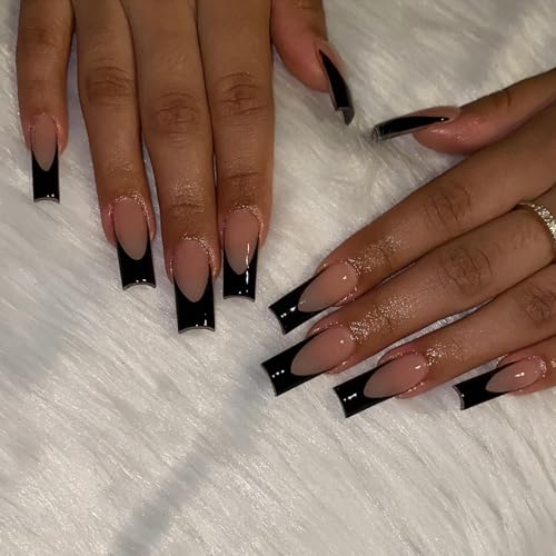 Bellelfin 120Pcs Long French Tip Press on Nails Square Black Fake Nails French Tip, Full Cover Matte Glue on False Nails Nude Acrylic Nails Press on for Women Girls Artificial Fingernails