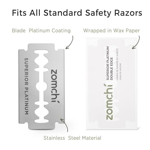 Zomchi Double Edge Razor Blades 2.0, 100 Counts Safety Razor Blades for Shaving, Platinum Stainless Steel Shaving Blades for Men and Women, Fits All Standard Double Edge Razors