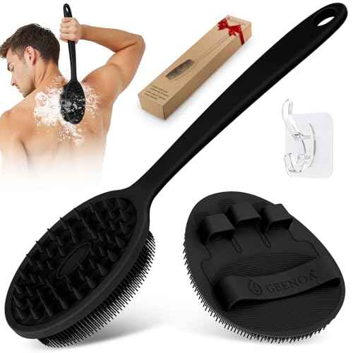 Silicone Back Scrubber & Bath Glove Set 2PCS, 13.4'' Gentle Shower Back Scrubber with Dual-Side Head Non-Slip Handle, 360¡Æ Anti-Slip Hand-fit Bath Glove for Rich Foaming Deep Cleaning(Black)