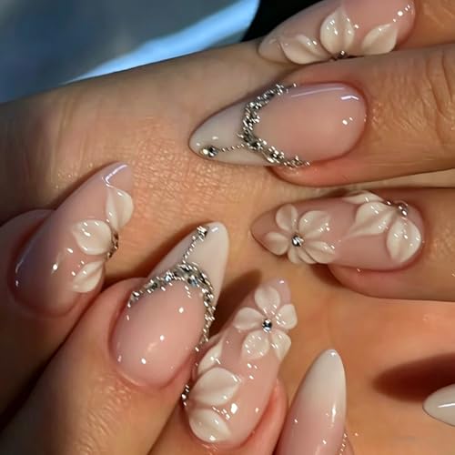 Summer White Almond Press-On Nails with 3D Flower & Crystal Design - 24 Pcs