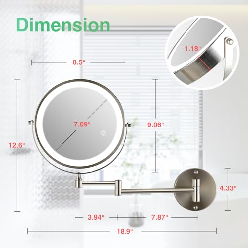 30X/1X Wall Mounted Makeup Mirror with Light: 8.5 Inch Double-Sided, 3 Color Modes, USB-C Rechargeable, 360¡Æ Swivel, Brushed Nickel