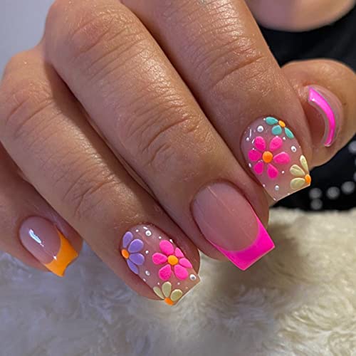 24PCS Square Press on Nails Medium Flower False Nails with Designs Nude Pink Acrylic French Nail Tips Glossy Nail Decorations Artificial Full Cover Glue on Nails Stick on Nails for Women Girls