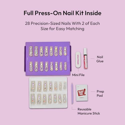 Glitzy 3D Handmade Press On Nail Kit, Multicolor Rhinestone Gem X-Long Square False Nail, Reusable & Lasts Up To 2 Weeks, Seamless Snug Fit Technology, Includes Glue, File & 28Pcs Manicure Set