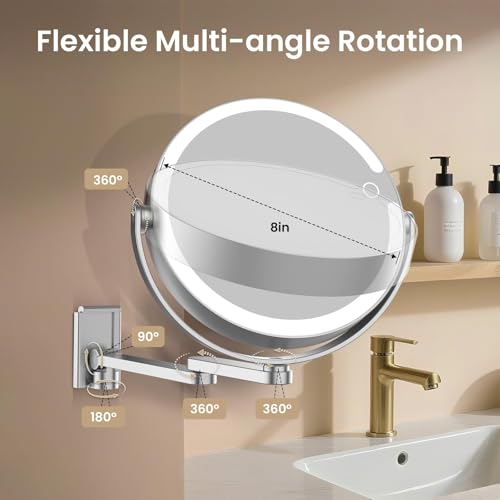 Wall Mounted Makeup Mirror with Lights, 8-inch 20X/1X Magnifying Mirror, Rechargeable LED Vanity Mirror with 3 Color Lights, 360¡Æ Swivel & Extendable Arm