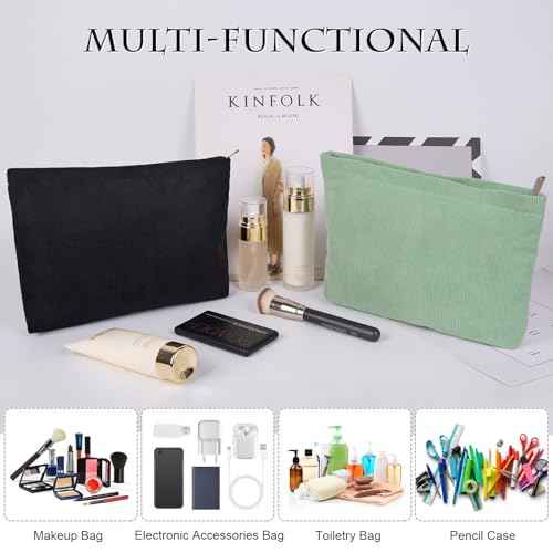 FITDON 2PCS Cosmetic Bags for Women Makeup Bag for Purse Small Corduroy Makeup Pouch Travel Make Up Bag with Zipper Toiletry Bag Organizer