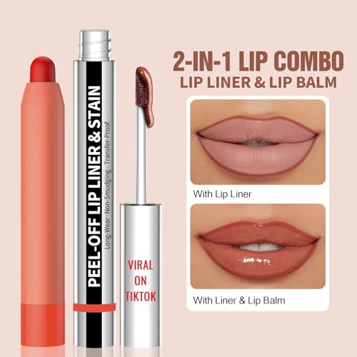 Vevivia Lip Stain Set - Peel Off Lip Stain and Lip Balm, Long Lasting Lip Liner Stain with Natural Finish, Moisturizing Lip Balm for Dry Lips, Hydrating Gloss, Waterproof, Smudge-proof, Brown