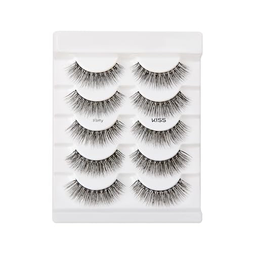 KISS Looks So Natural False Eyelashes Multipack, Lightweight & Comfortable, Tapered End Technology, Reusable, Cruelty-Free, Contact Lens Friendly, Style 'Flirty', 5 Pairs Fake Eyelashes Black