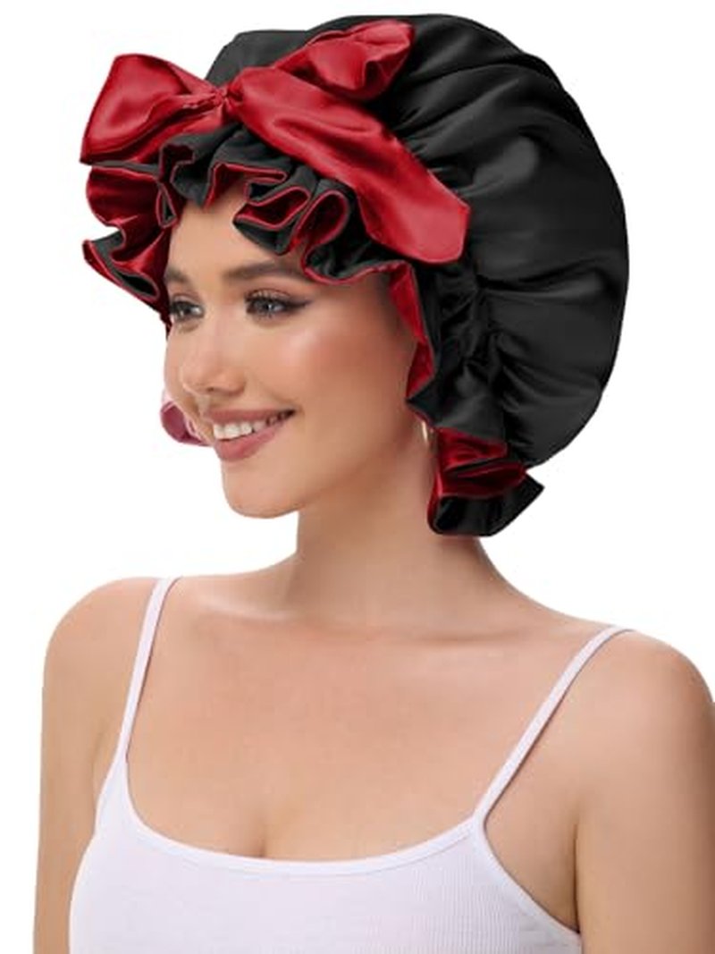 Satin Hair Bonnet for Sleeping with Adjustable Tie Band - Black