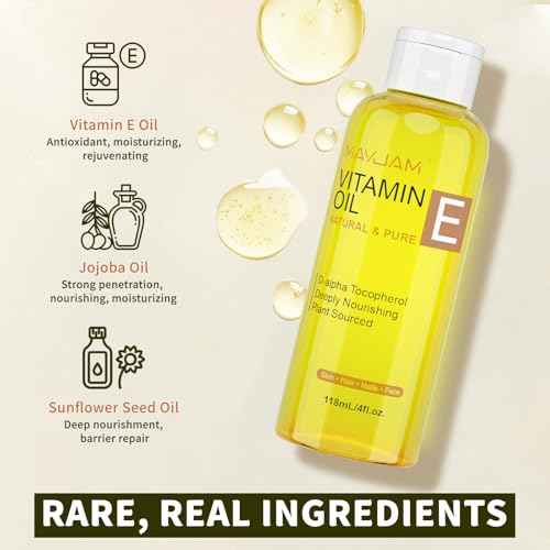MAYJAM Organic Vitamin E Oil 50,000 IU for Skin, Pure & Natural Vitamine oils for Scars Hair, Face, Nail, Scalp Bath and Body Oil, Tocopherol to Repair Damaged Skin, Moisturizing Dry Skin, 4 Fl Oz