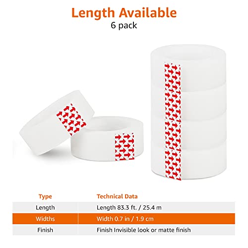 Amazon Basics Matte Finish Transparent Tape - 6 Pack, 3/4" x 1000" for Office & Crafts