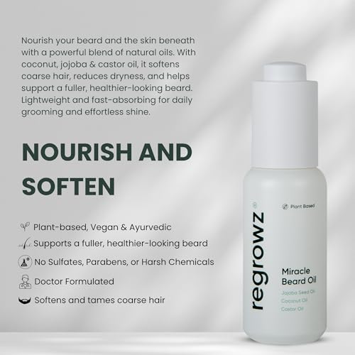 Regrowz Beard Growth Oil for Men 1 Fl Oz ? Natural Beard Moisturiser with Coconut and Jojoba Oil ? Soften, Nourish & Hydrate Dry, Itchy Beard ? Promote Thicker & Fuller Beard