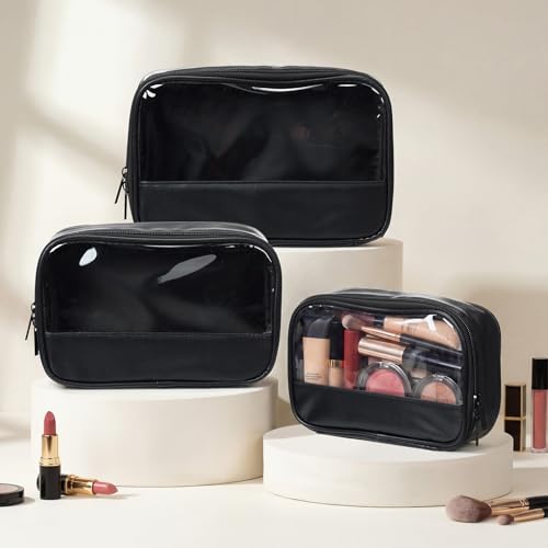 Abbylike 3 Pcs Clear Makeup Bag PU Leather Travel Cosmetic Case Transparent Toiletry Bag with Zipper Waterproof Travel Toiletry Bags for Women and Girls(Black)