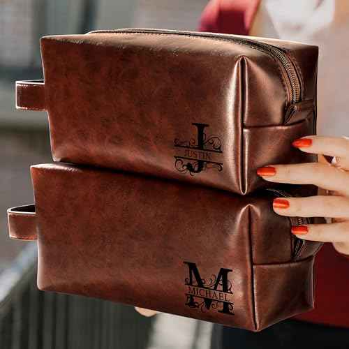 Mens Toiletry Travel Bag Initial M, Personalized Leather Toiletry Bag for Men, Anniversary Christmas Valentines Fathers Day Birthday Gifts for Husband Dad Grandpa Brother