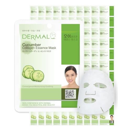 DERMAL Cucumber Collagen Essence Facial Mask Sheet 23g Pack of 100 - Soothing & Moisturizing, Redness & Sunburn Relief, Daily Skin Treatment Solution Sheet Mask