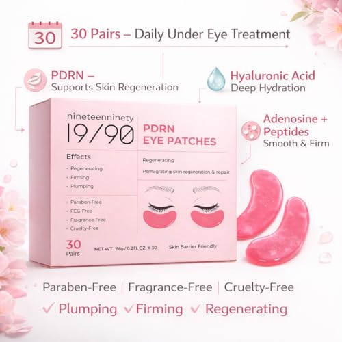 19/90 Revitalizing Hydrogel Under Eye Patches for Dark Circles & Puffiness - Salmon PDRN, Peptides & Hyaluronic Acid - Pink (30 Pair)