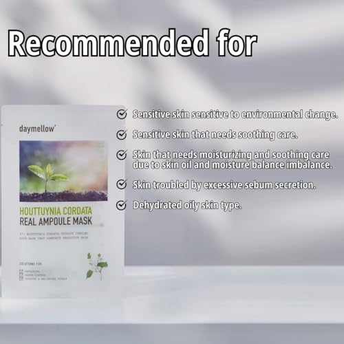 daymellow Sheet Mask 5PACK, Houttuynia Cordata Real Ampoule Masks, Face Sheet Mask, Heartleaf, Panthenol, Tea Tree, Hydrating, Acne, Soothes, Redness, Deep Moisturizing, Korean Skincare