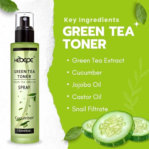 Hebepe Green Tea Matcha Facial Toner Mist with Cucumber, Refreshing, and Soothing Face Toner, with Jojoba Oil, Castor Oil, Snail Filtrate,120ml