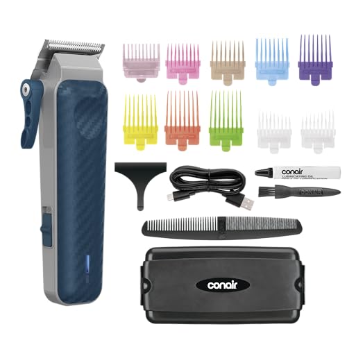Conair Men Lithium-Ion Rechargeable Clipper & Hair Trimmer for Men, 17-Piece Clippers for Hair Cutting Kit with Color-Coded Combs, 5-Position Taper Control for Tapered Edges and Fades, Quick Charge