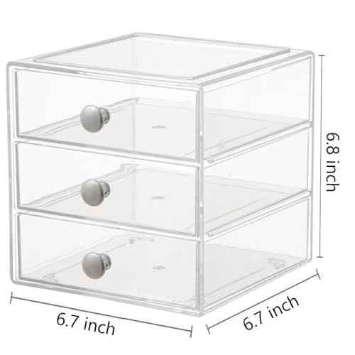 Makeup Drawer Organizer Box with 3 Drawers, Acrylic Cosmetic Display Case Vanity Organizer Jewelry Storage Box Stackable Storage for Cosmetics, Skin Care, Bathroom, Countertop, Silver Handle