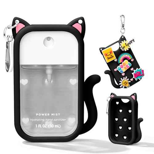 Cat Silicone Case for Touchland Hand Sanitizer Spray with Keychain, Compatible with Power Mist & Glow Mist 1 FL Oz/30ML for Touchland Case, with Charms Accessory Cute Travel Cover Sleeve Black