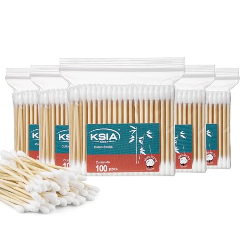 KSIA Klear Cotton Swabs 500 Count - Double Tipped Ear & Makeup Cotton Buds - 5 Pack Bag