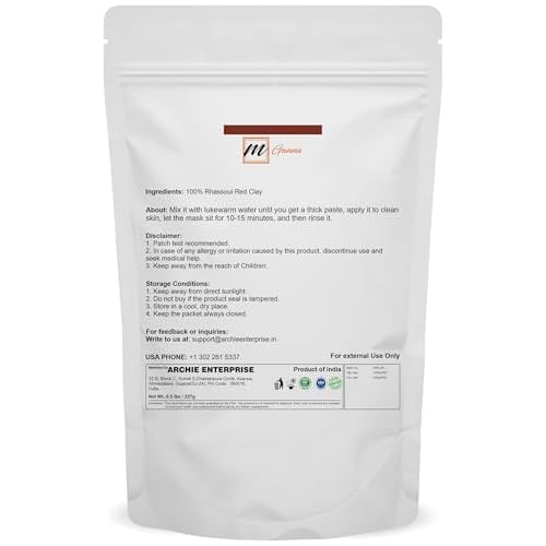 100% Natural Rhassoul Clay Powder (Indian Origin) for Hair Masks, Scrubs, Creams and Soap Making 0.5 LBS / 227 GMS (Red)