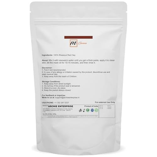 100% Natural Rhassoul Clay Powder (Indian Origin) for Hair Masks, Scrubs, Creams and Soap Making 0.5 LBS / 227 GMS (Red)
