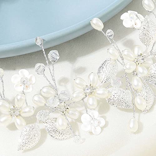 Yean Pearl Wedding headband Silver Flower Bridal Hair Accessories Leaf Hair Piece for Women and Girls