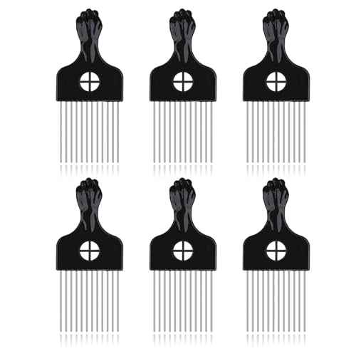 6Pcs Afro Picks Metal Hair Combs, Steel Teeth Hair Pick for Curly, Coily, Natural Hair, Detangling, Styling Comb for Men Women (Black)