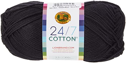 Lion Brand 24/7 Cotton Yarn, Lightweight Yarn for Knitting, Crocheting, and Crafts, Black, 1 Pack