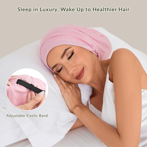 Pink Mulberry Silk Sleep Bonnet for Women - Adjustable Hair Protection